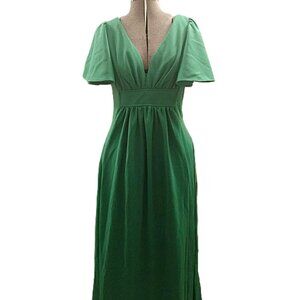Vintage 70s Maxi Dress Green Size 13/14 Formal Plunge Neckline